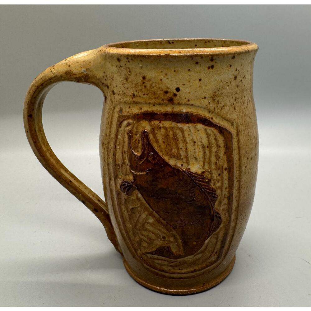 Signed Art Pottery Mug Fish Salmon Speckled Cream Natural Coffee Cup Fishing